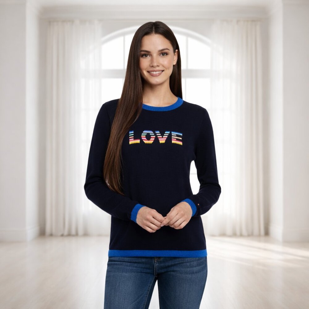 Tommy Hilfiger LOVE Sweater Womens Small Navy Blue Rainbow Graphic Knit Pullover